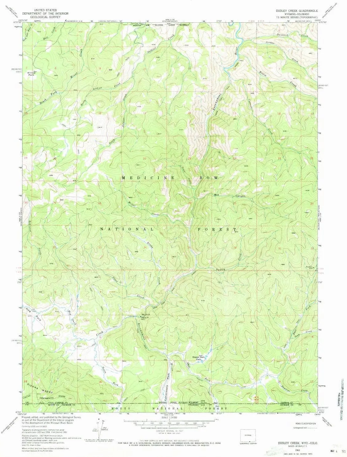 Dudley Creek WY topo map, 1:24000 Scale, 7.5 X 7.5 Minute, Historical, 1961, Updated 1973, 26.9 x 21.7 in