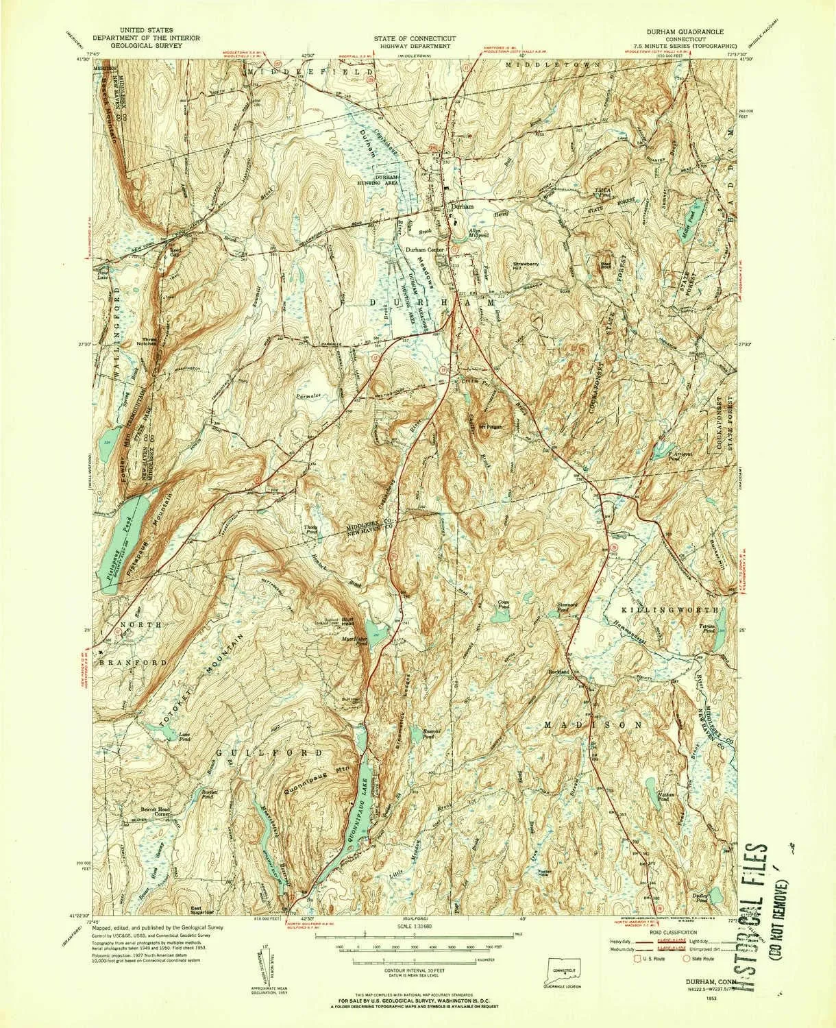 Durham CT topo map, 1:31680 Scale, 7.5 X 7.5 Minute, Historical, 1953, Updated 1954, 20.7 x 16.8 in