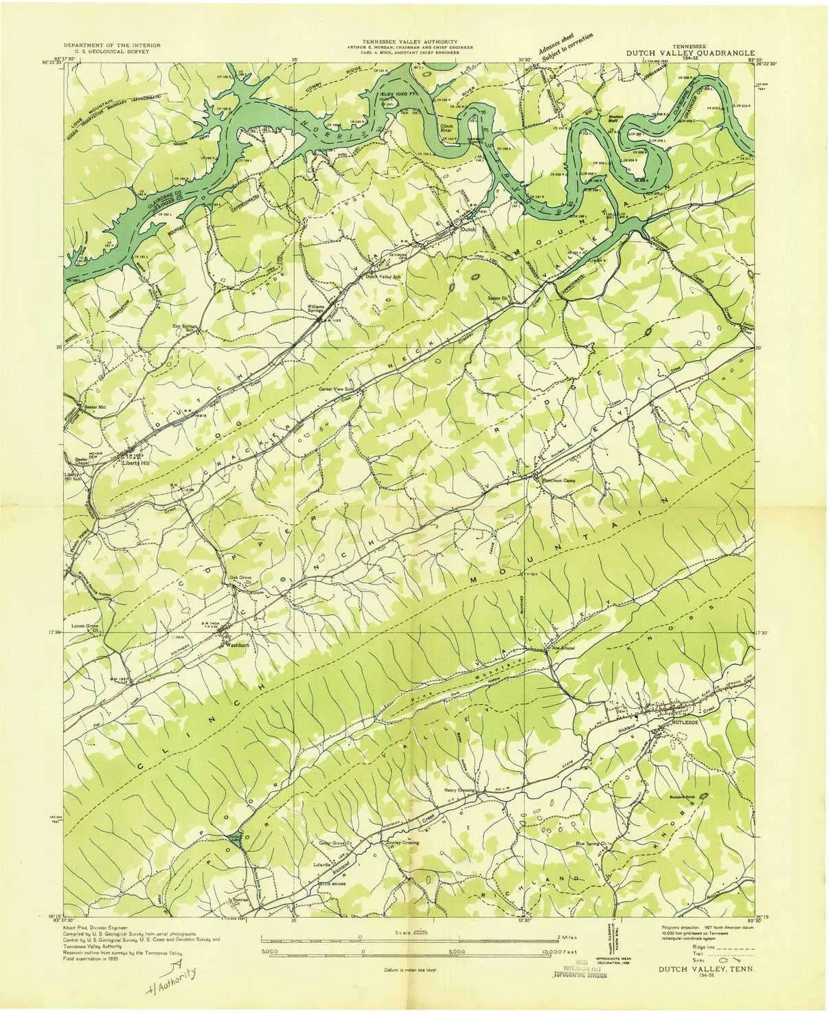 Dutch Valley TN topo map, 1:24000 Scale, 7.5 X 7.5 Minute, Historical, 1936, 27.3 x 22 in