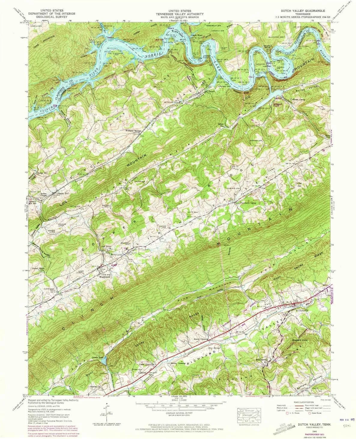 Dutch Valley TN topo map, 1:24000 Scale, 7.5 X 7.5 Minute, Historical, 1941, Updated 1973, 27.4 x 22.1 in