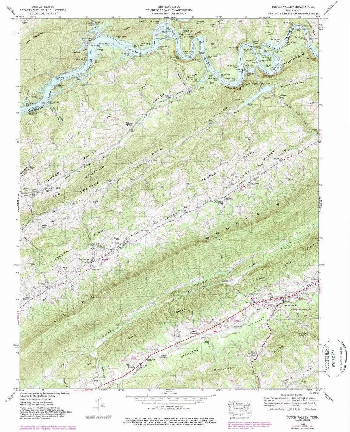 Dutch Valley TN topo map, 1:24000 Scale, 7.5 X 7.5 Minute, Historical, 1941, Updated 1987, 27.5 x 22 in