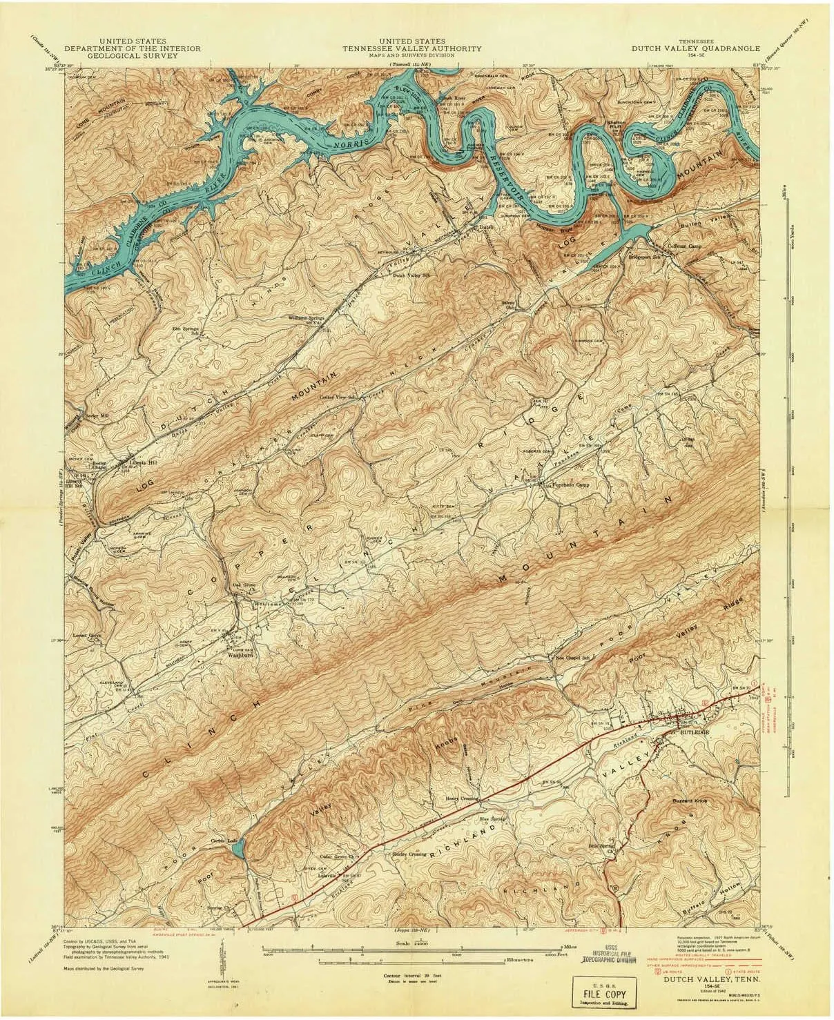 Dutch Valley TN topo map, 1:24000 Scale, 7.5 X 7.5 Minute, Historical, 1942, 27.4 x 22 in