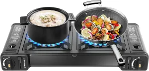 DYRABREST Portable Camping Stove with Grill Tray, 2-in-1 Dual Burner Camping Stove Lightweight Non-Stick Butane Stove with Storage Case, Piezoelectric Ignition for Outdoor BBQs, Hiking, and Picnics