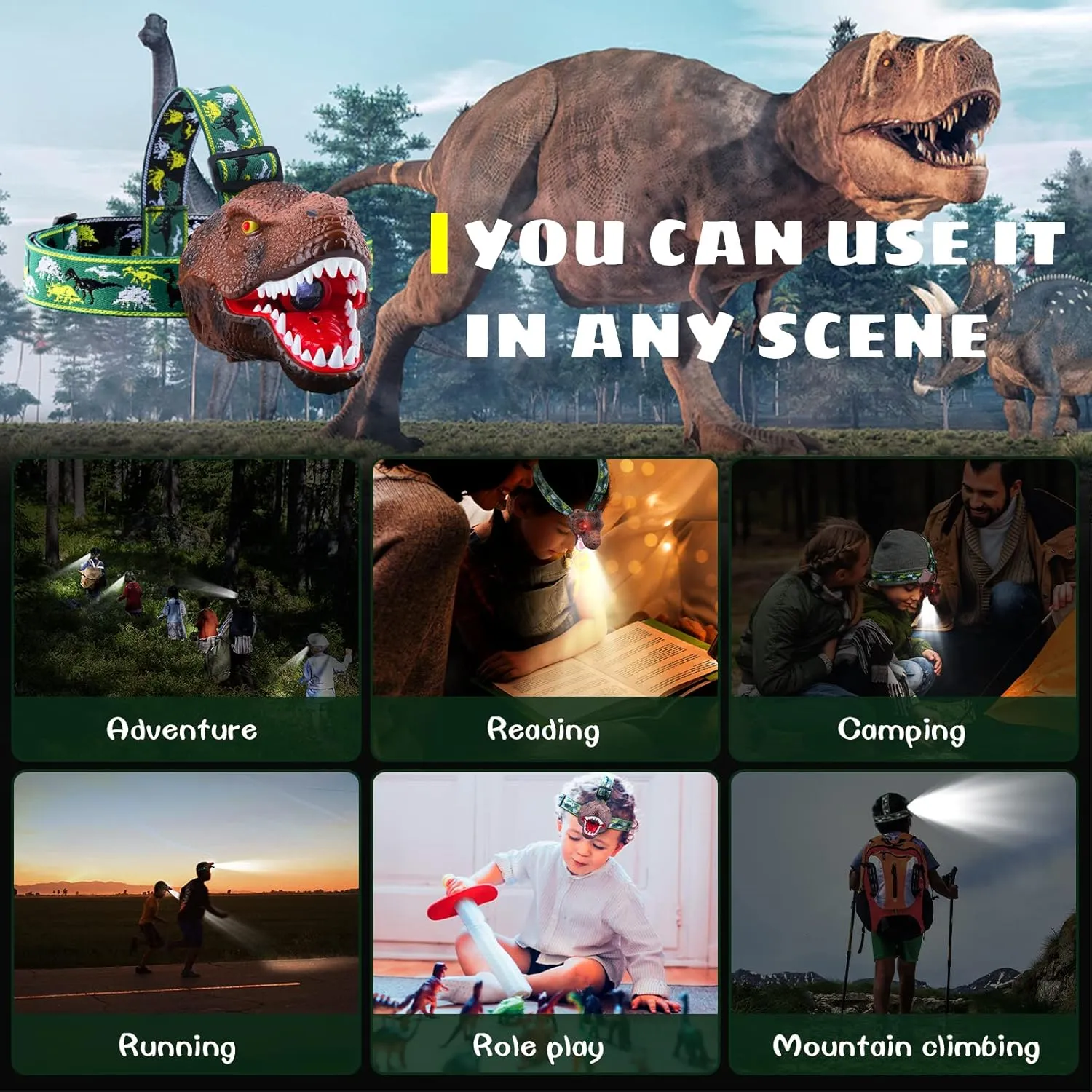 Dysaim Kids Headlamp, Dinosaur LED Rechargeable Headlamp for Kids Flashlight Outdoor Camping Essentials Gear, Dinosaur Toys Headlight for Boys Girls/Adults, Ideal Gift Toys for Birthday Rave Party