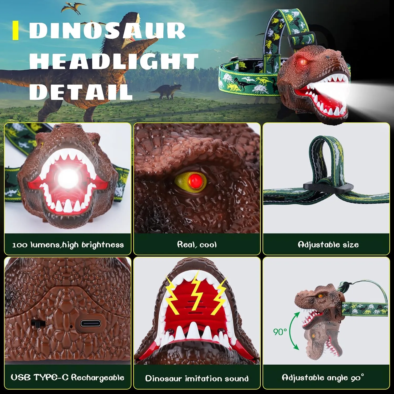 Dysaim Kids Headlamp, Dinosaur LED Rechargeable Headlamp for Kids Flashlight Outdoor Camping Essentials Gear, Dinosaur Toys Headlight for Boys Girls/Adults, Ideal Gift Toys for Birthday Rave Party