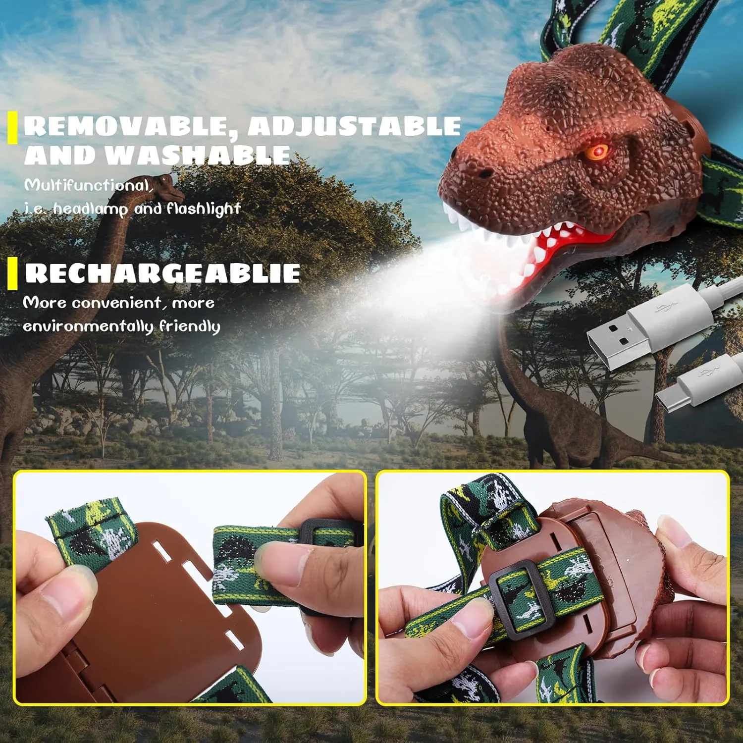 Dysaim Kids Headlamp,Dinosaur Headlamp for Kid LED Head Lamp Camping Gear Flashlight,Hiking Accessories Headlight,Ideal Gift Toys Suitable for Reading Birthday Halloween Xmas Party(2 Pack)
