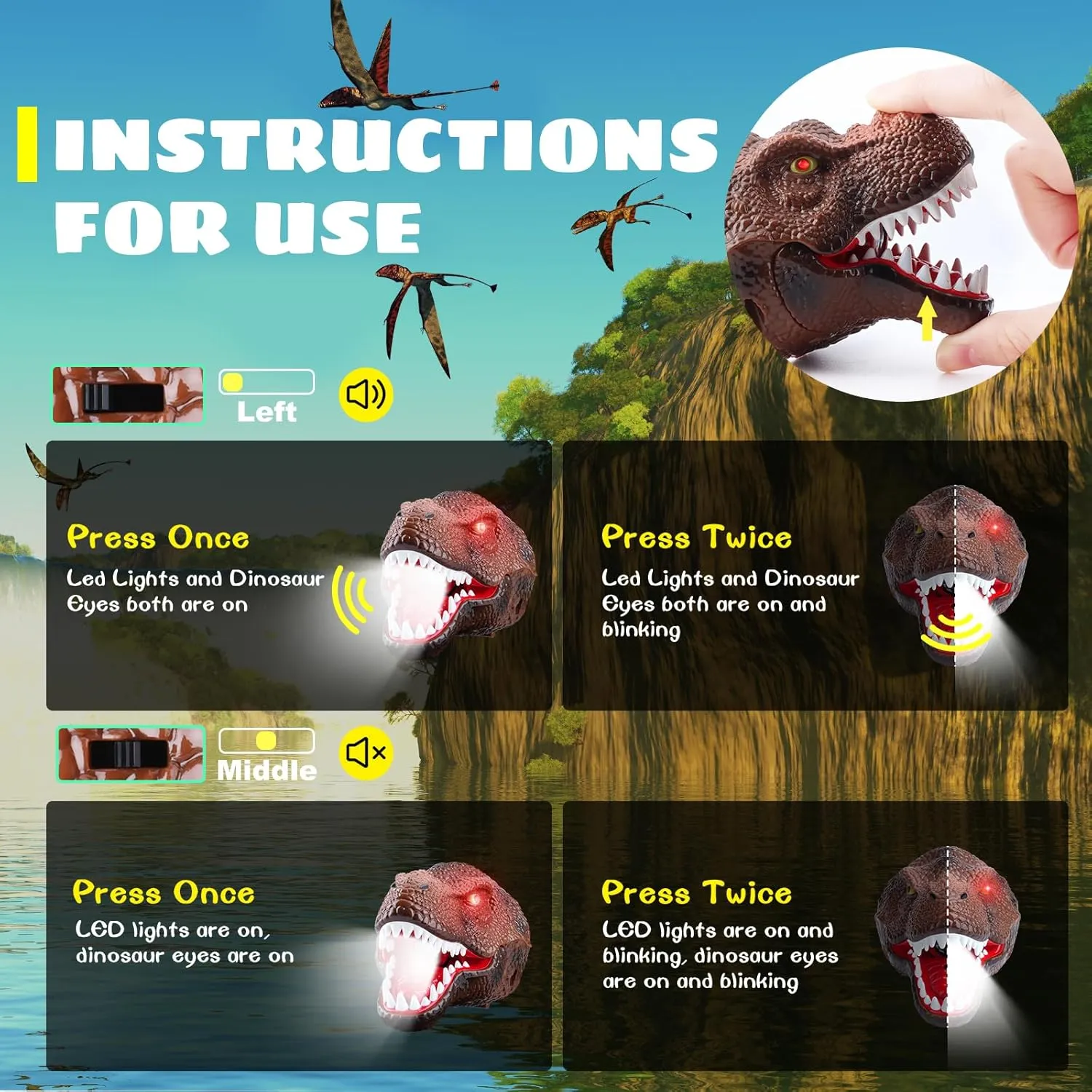 Dysaim Kids Headlamp,Dinosaur Headlamp for Kid LED Head Lamp Camping Gear Flashlight,Hiking Accessories Headlight,Ideal Gift Toys Suitable for Reading Birthday Halloween Xmas Party(2 Pack)