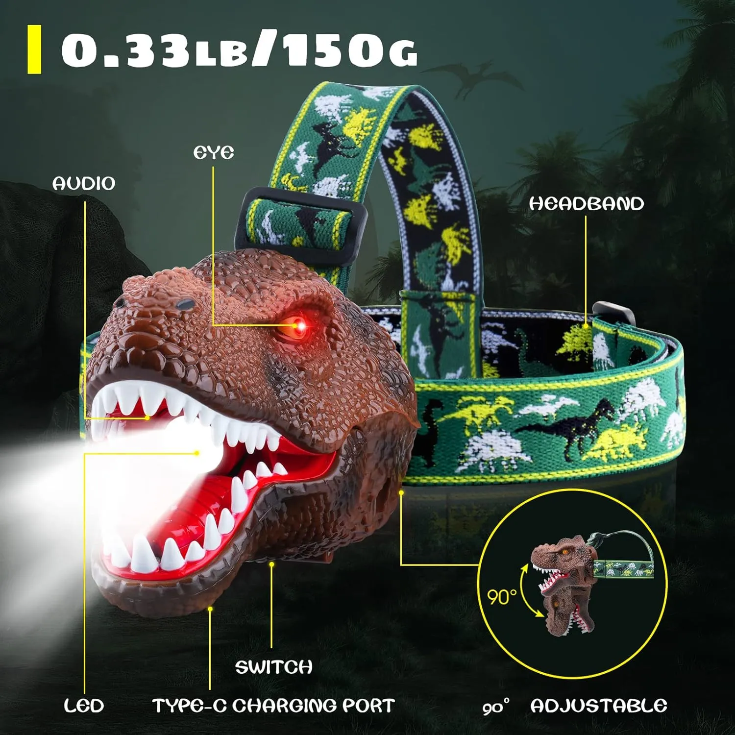 Dysaim Kids Headlamp,Dinosaur Headlamp for Kid LED Head Lamp Camping Gear Flashlight,Hiking Accessories Headlight,Ideal Gift Toys Suitable for Reading Birthday Halloween Xmas Party(2 Pack)