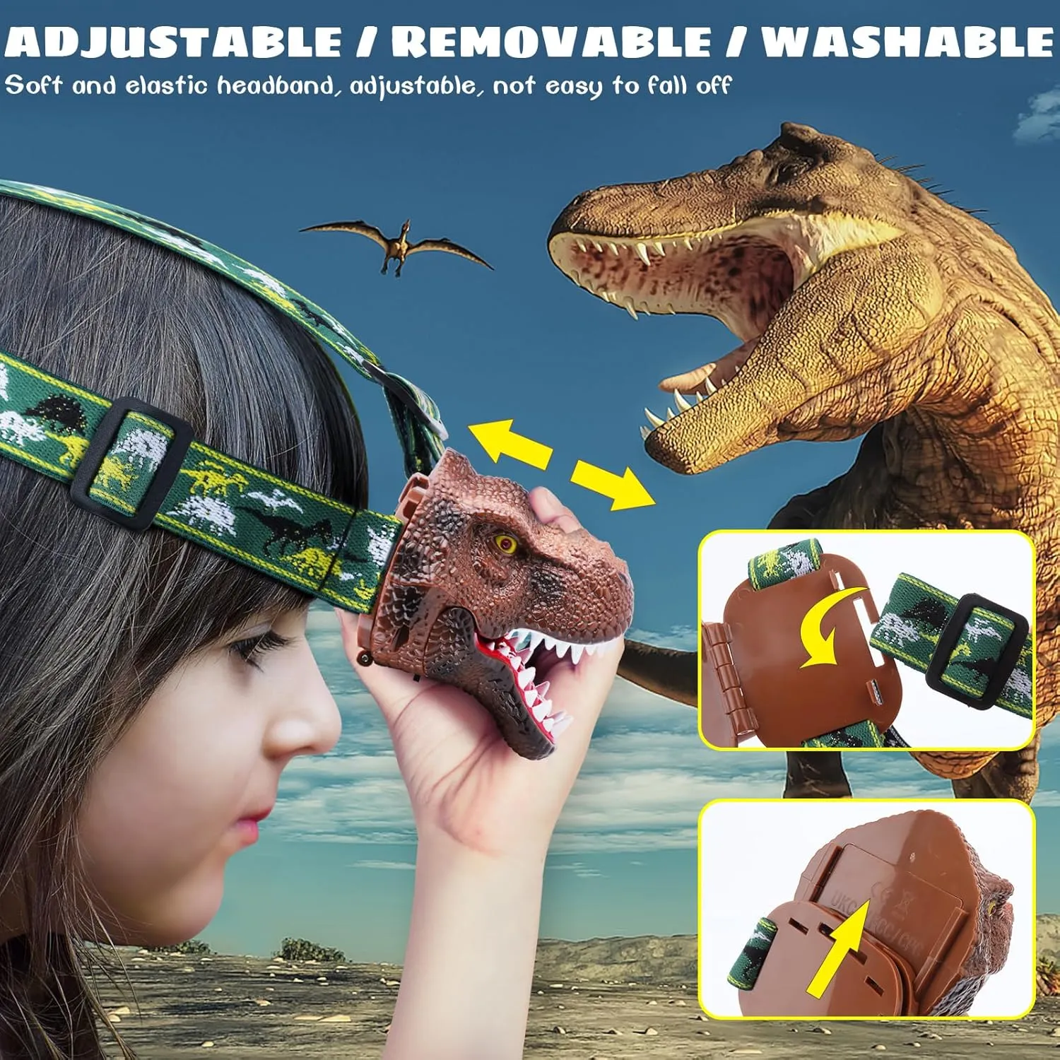 Dysaim Kids Headlamp,Dinosaur Headlamp for Kid LED Head Lamp Camping Gear Flashlight,Hiking Accessories Headlight,Ideal Gift Toys Suitable for Reading Birthday Halloween Xmas Party(2 Pack)