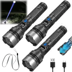 Easiotward Flashlight, 2025 The Ultimate Survival Flashlight, Waterproof Rechargeable Zoomable Flashlights with High Lumens, 5 Modes Torch with LED Digital Display, for Emergencies & Camping (B SET*3)