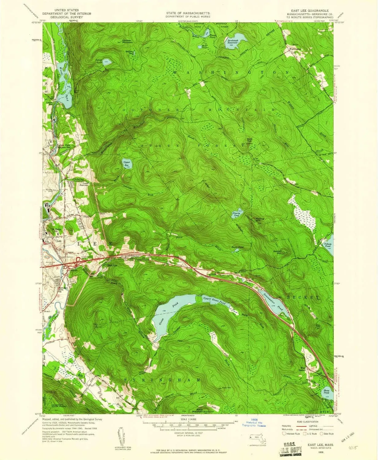East Lee MA topo map, 1:24000 Scale, 7.5 X 7.5 Minute, Historical, 1958, Updated 1960, 26.8 x 22 in