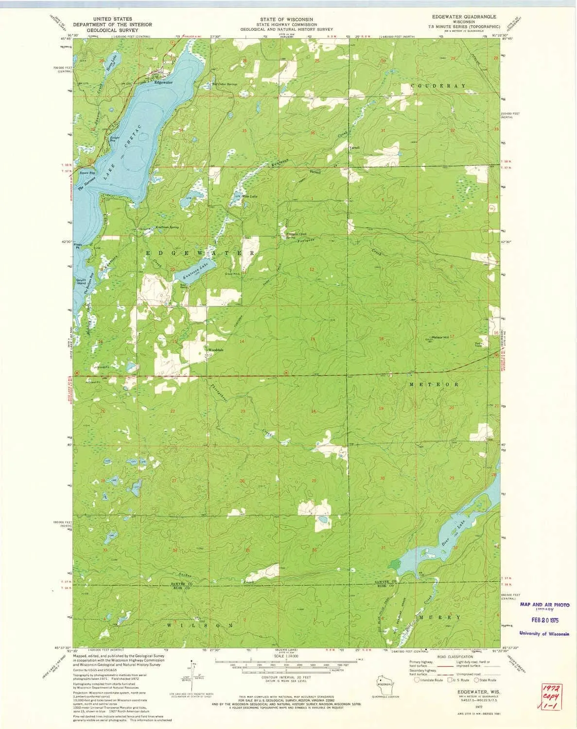 Edgewater WI topo map, 1:24000 Scale, 7.5 X 7.5 Minute, Historical, 1972, Updated 1975, 27.26 x 21.57 in