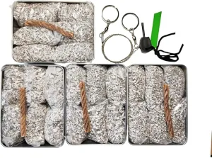 Emergency Fire Starter Magnesium 6 Bags Wax Infused Jute Rope Ferro Rod Striker Saw Wire for Camping Hiking Bushcraft Hurricane   Tin Container