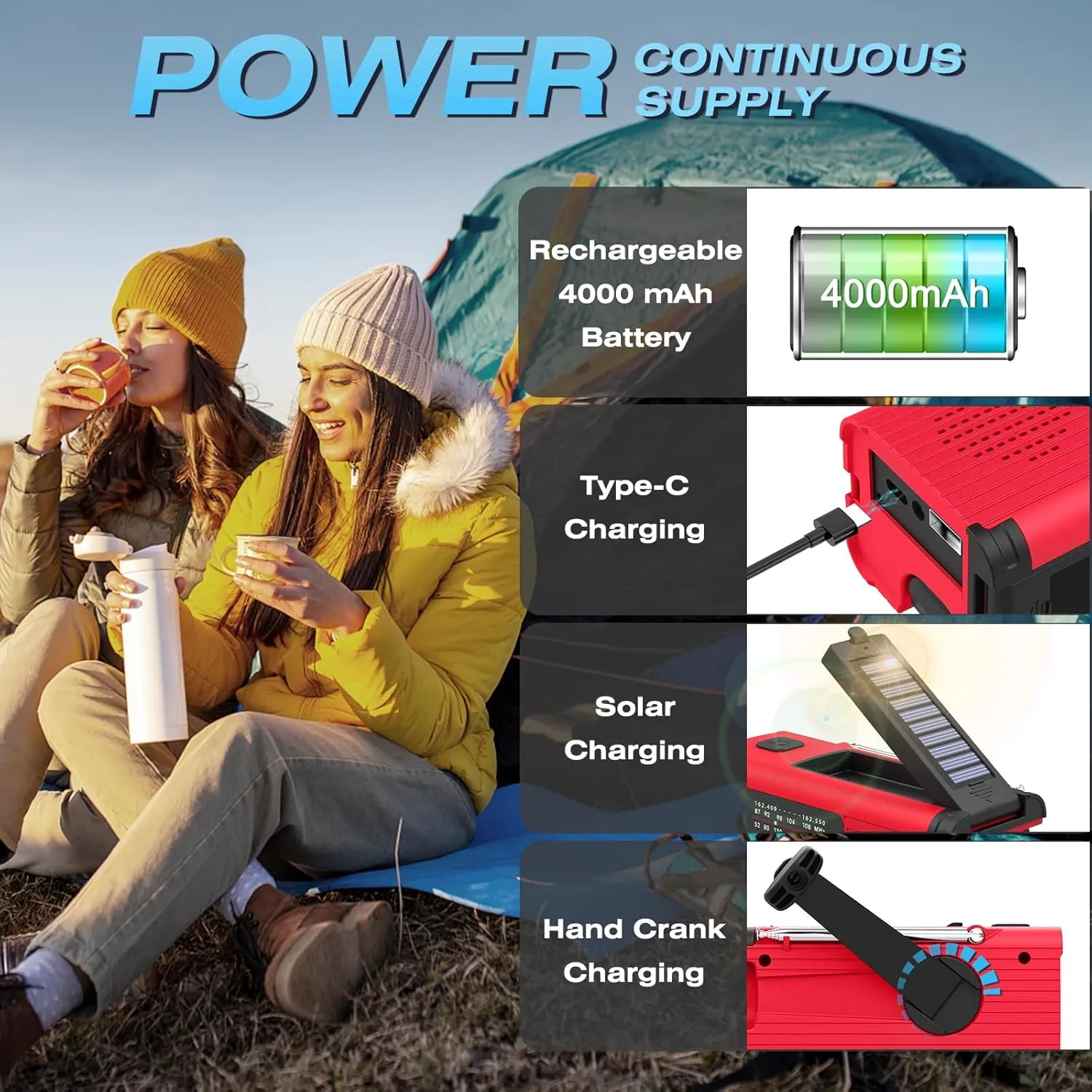 Emergency Weather Radio NOAA AM FM WB Radio with 4000mAh Portable Power Bank, USB Solar Hand Crank Charging, Flashlight, SOS Alarm, Reading Lamp for Outdoor Indoor Emergencies, 2 Pack