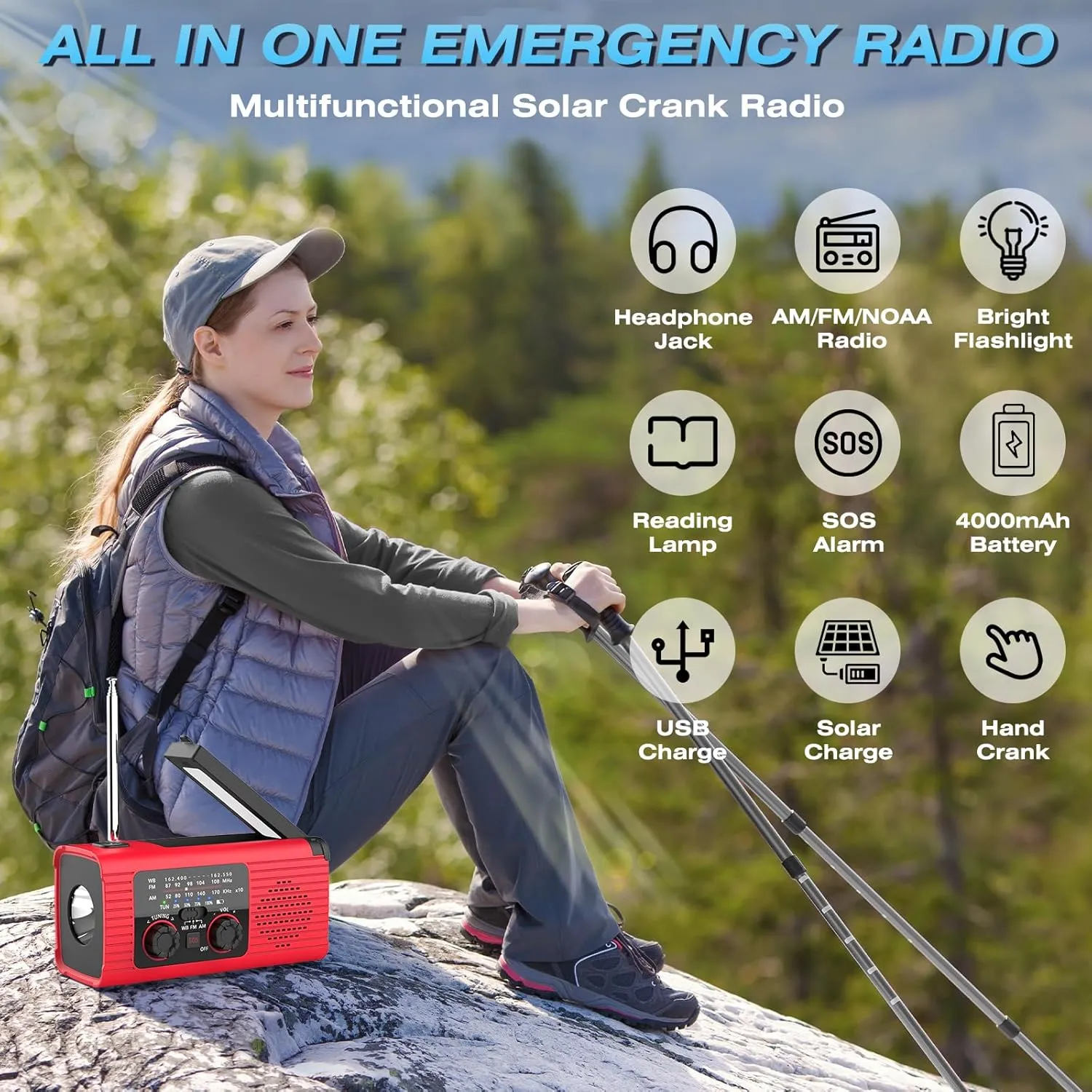 Emergency Weather Radio NOAA AM FM WB Radio with 4000mAh Portable Power Bank, USB Solar Hand Crank Charging, Flashlight, SOS Alarm, Reading Lamp for Outdoor Indoor Emergencies, 2 Pack