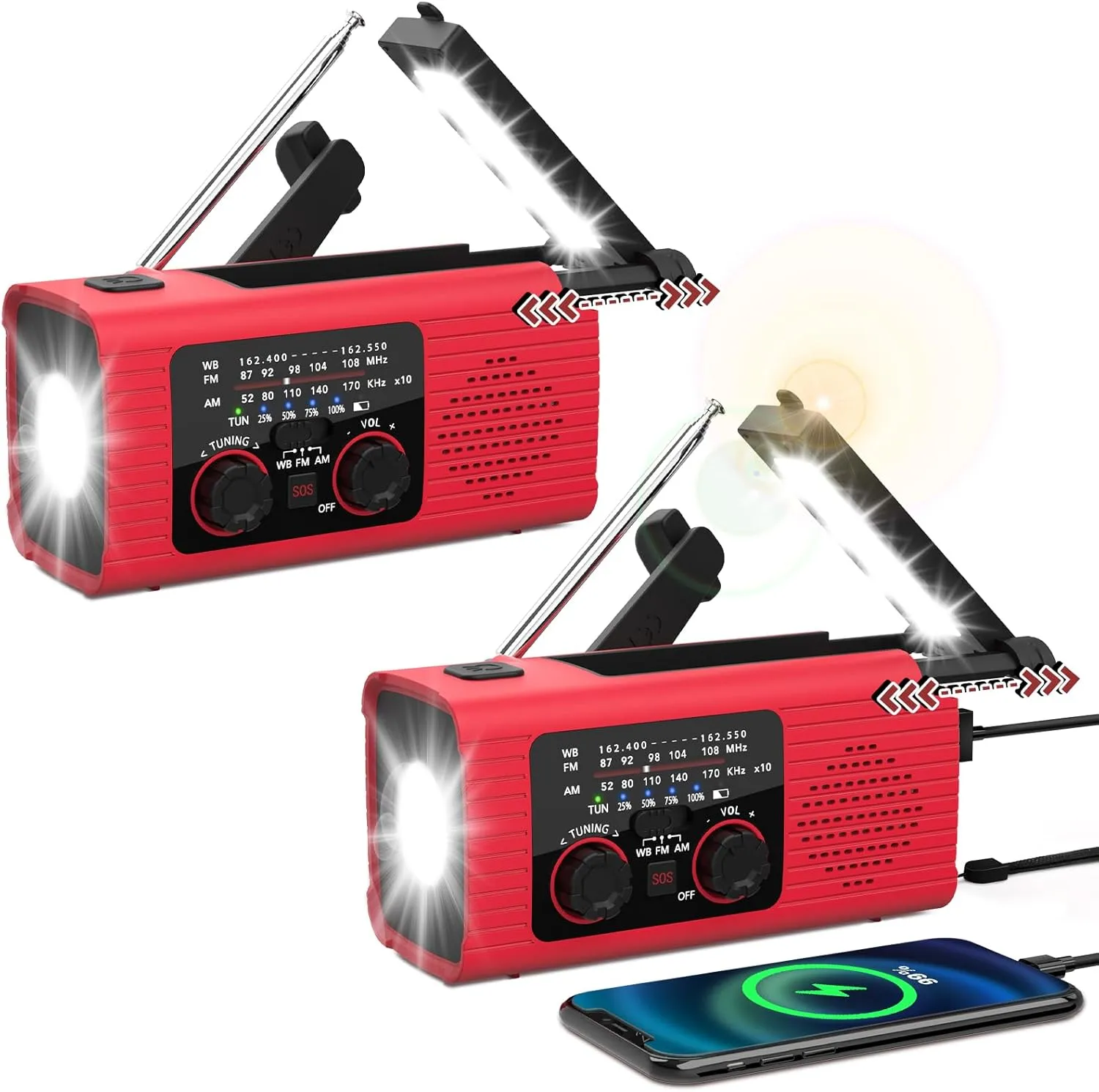 Emergency Weather Radio NOAA AM FM WB Radio with 4000mAh Portable Power Bank, USB Solar Hand Crank Charging, Flashlight, SOS Alarm, Reading Lamp for Outdoor Indoor Emergencies, 2 Pack