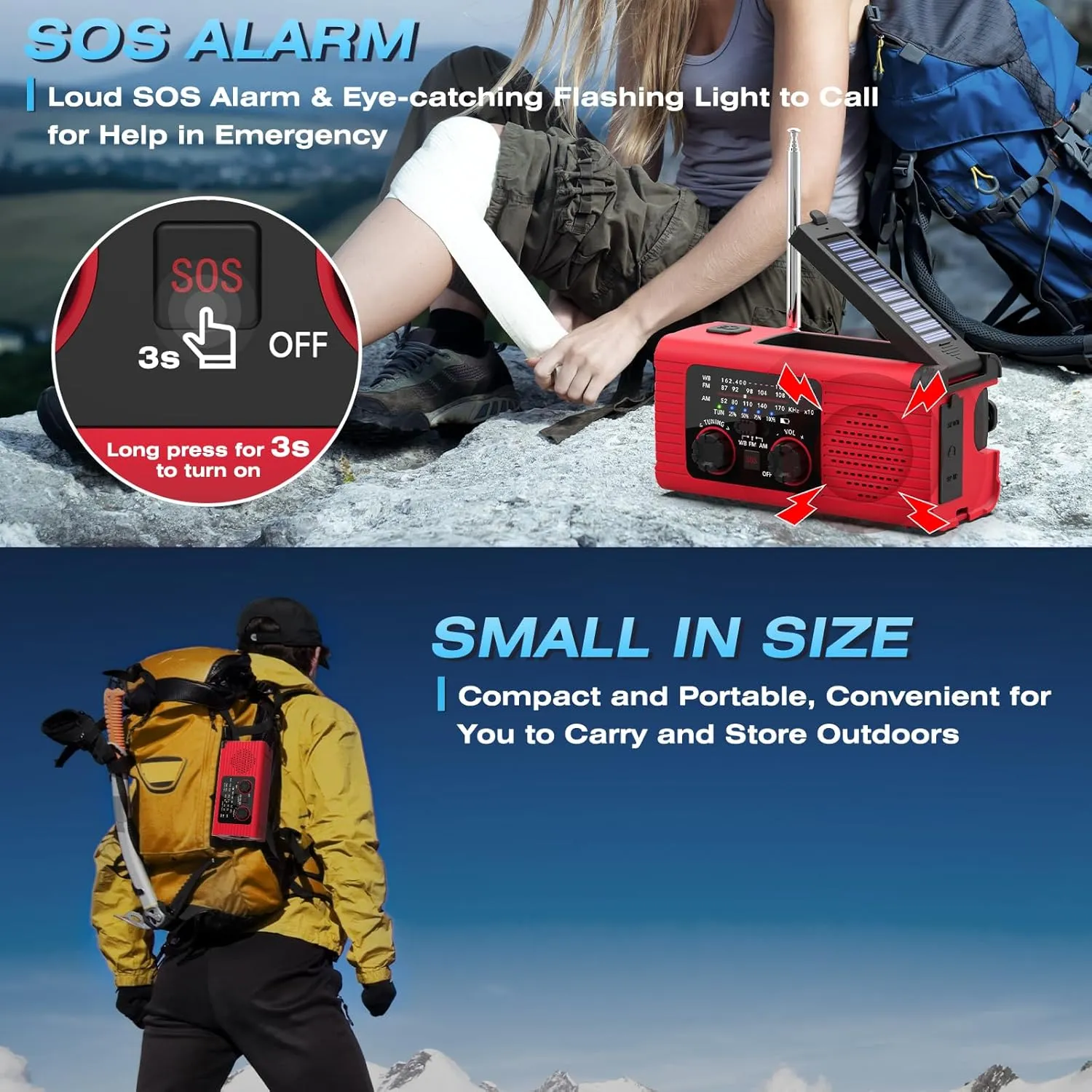 Emergency Weather Radio NOAA AM FM WB Radio with 4000mAh Portable Power Bank, USB Solar Hand Crank Charging, Flashlight, SOS Alarm, Reading Lamp for Outdoor Indoor Emergencies, 2 Pack