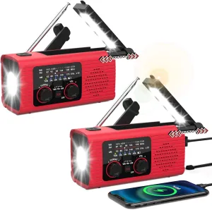 Emergency Weather Radio NOAA AM FM WB Radio with 4000mAh Portable Power Bank, USB Solar Hand Crank Charging, Flashlight, SOS Alarm, Reading Lamp for Outdoor Indoor Emergencies, 2 Pack