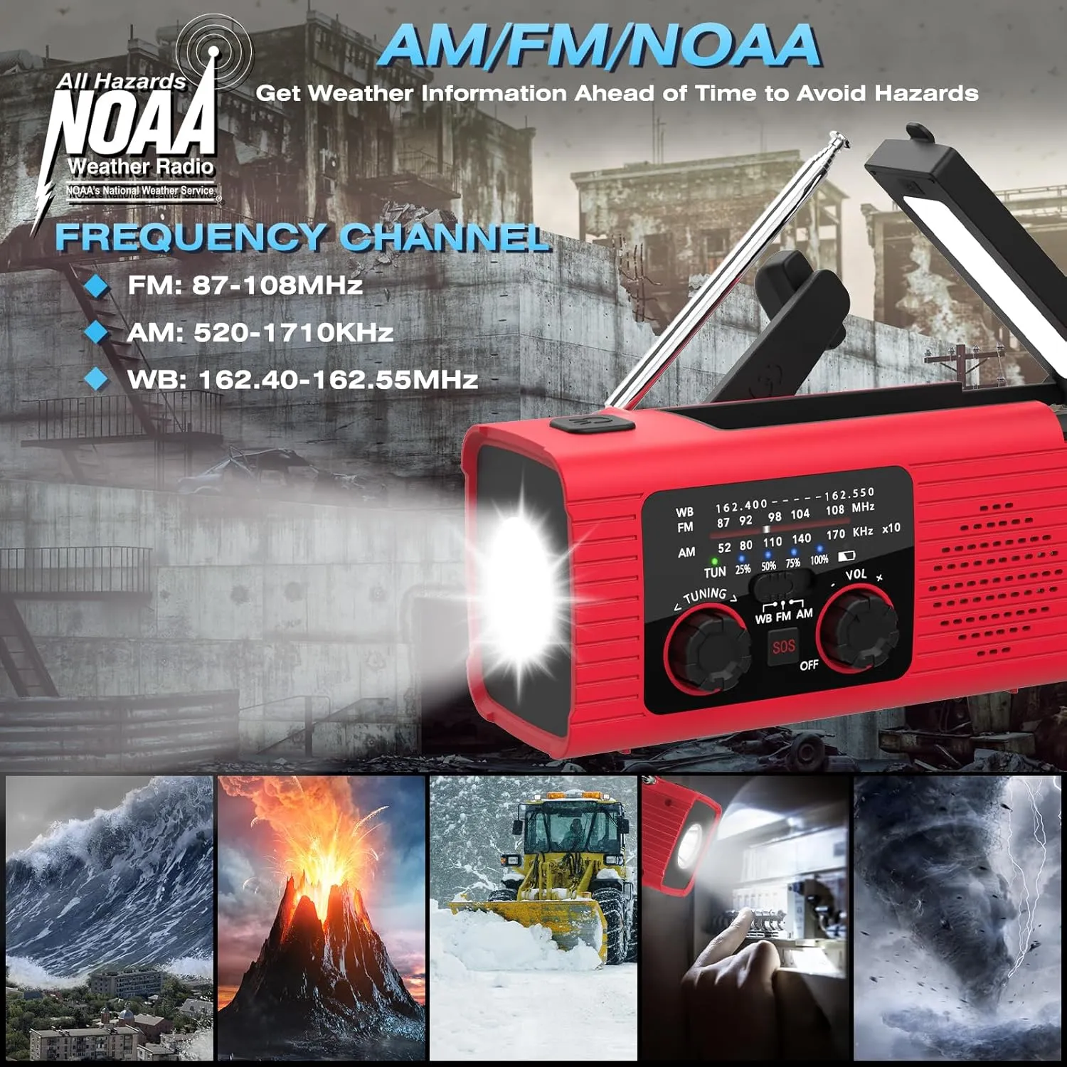 Emergency Weather Radio NOAA AM FM WB Radio with 4000mAh Portable Power Bank, USB Solar Hand Crank Charging, Flashlight, SOS Alarm, Reading Lamp for Outdoor Indoor Emergencies, 2 Pack