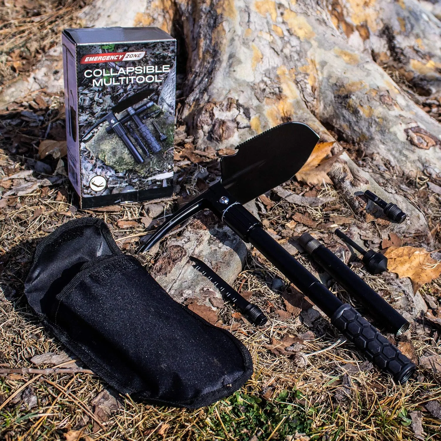 Emergency Zone 12-in-1 Collapsible Folding Shovel | Military 19.5 Inch Survival Shovel | Multitool with Carrying Case | Great for Hiking, Camping, Backpacking, Gardening, to Keep in Your Car | 1 Pack