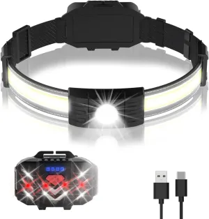 emie LED Headlamp Rechargeable, Super Bright 230° Wide Beam Headlight with Red Taillight, 5 Modes IPX4 Waterproof Lightweight Head Lamp for Running Camping Hiking Fishing Outdoor [1 Pack]