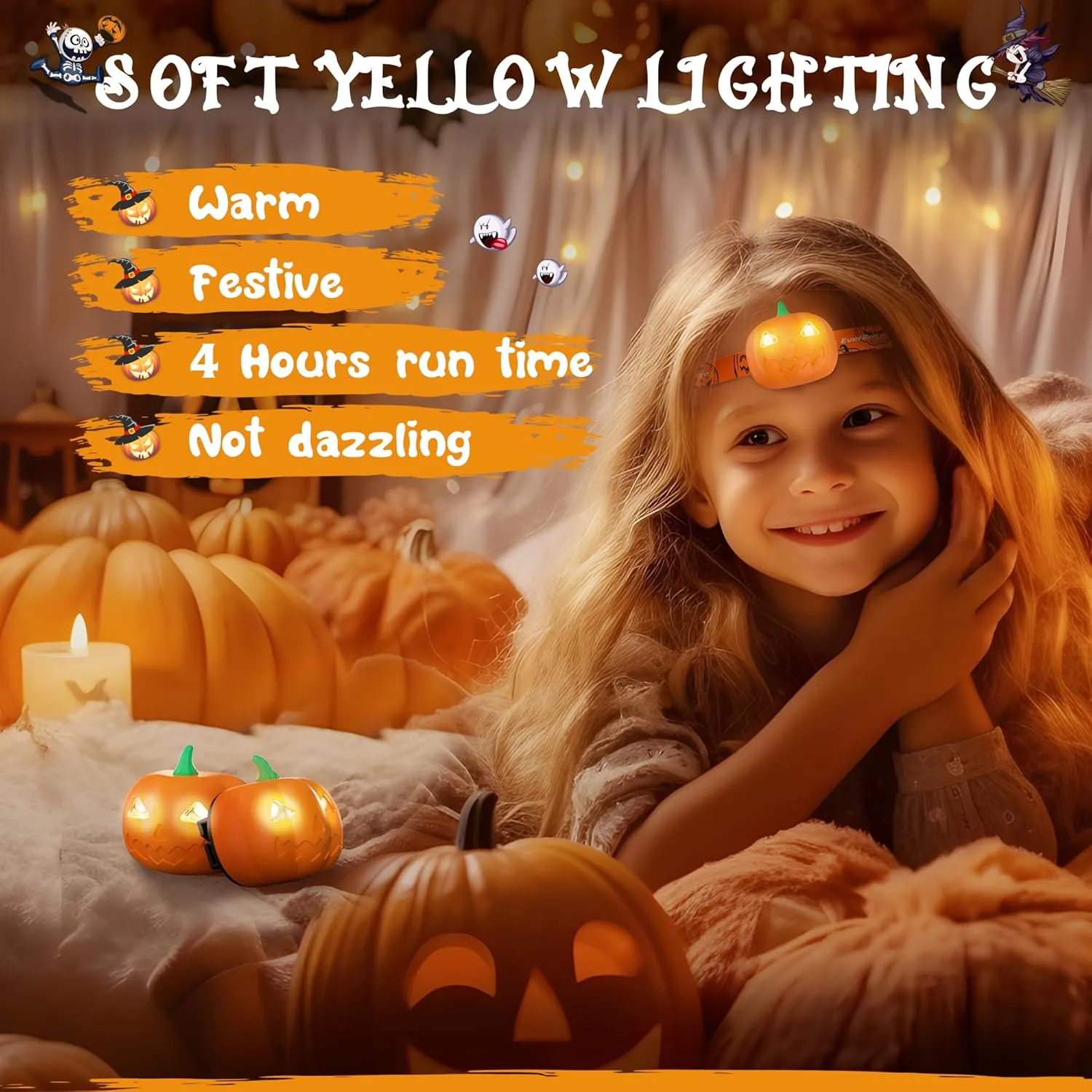 EverBrite Halloween Pumpkin Headlamp for Kids 5 Pack,2 Modes LED Head Lamp Adjustable Headband,Pumpkin Lights Party Favors to Wear, Orange Spot & Strobe Gifts (E021061AE)
