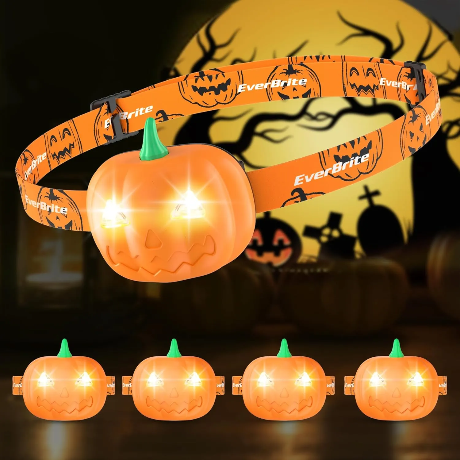 EverBrite Halloween Pumpkin Headlamp for Kids 5 Pack,2 Modes LED Head Lamp Adjustable Headband,Pumpkin Lights Party Favors to Wear, Orange Spot & Strobe Gifts (E021061AE)