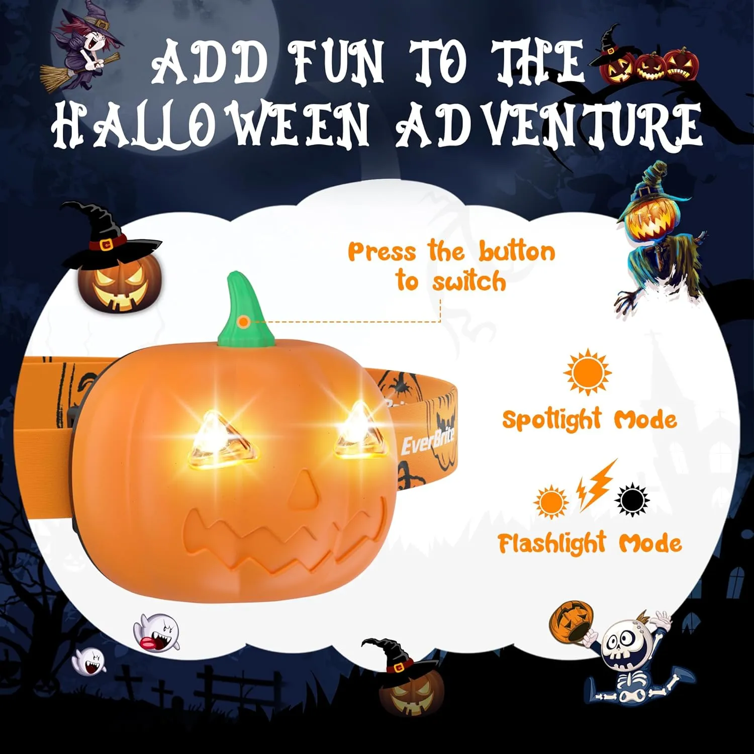 EverBrite Halloween Pumpkin Headlamp for Kids 5 Pack,2 Modes LED Head Lamp Adjustable Headband,Pumpkin Lights Party Favors to Wear, Orange Spot & Strobe Gifts (E021061AE)