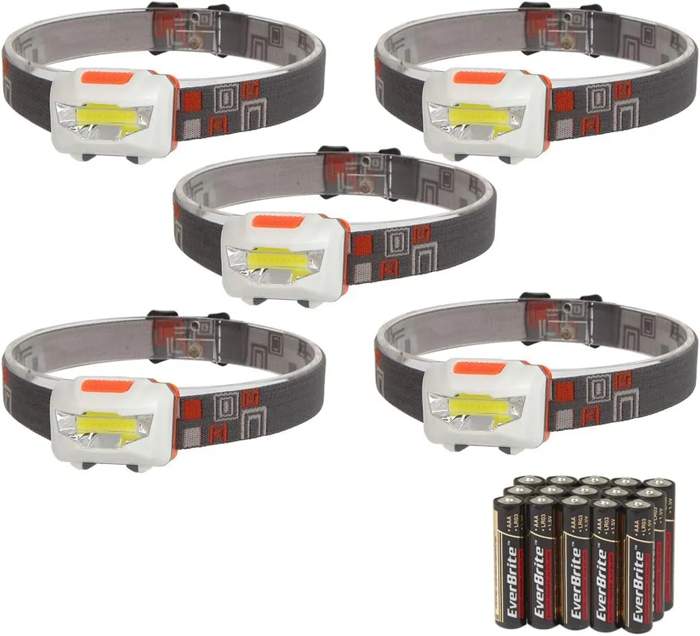 EverBrite Headlamp Flashlight, 5-pack Super Bright COB Head Lamp Suitable for Running, Camping, Hiking, Climbing, Jobsite Working, Batteries Included