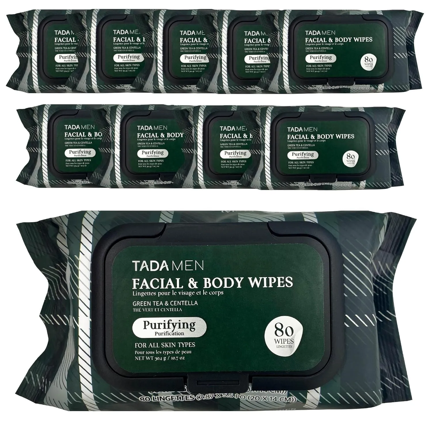 Face & Body Wipes for Men No Rinse, Cleansing Wipes for Adults Bulk Gym, Running, &Outdoor Activities - Green tea & Hyaluronic (10PK Green tea)