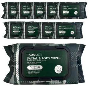 Face & Body Wipes for Men No Rinse, Cleansing Wipes for Adults Bulk Gym, Running, &Outdoor Activities - Green tea & Hyaluronic (10PK Green tea)