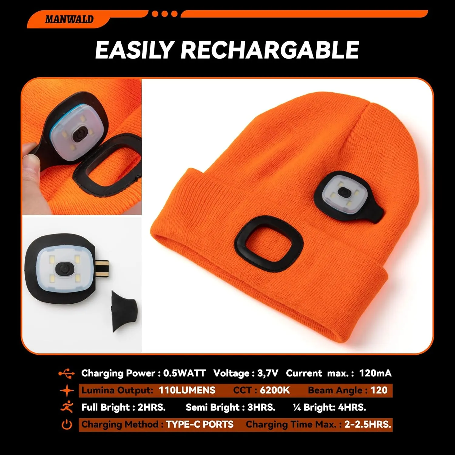 Fathers Day Gifts, LED Beanie Hat with Light, USB Rechargeable LED Headlamp, Fathers Day Dad Gifts from Daughter Wife Son, Gifts for Men Him Husband, Boyfriend, Orange,2PCS
