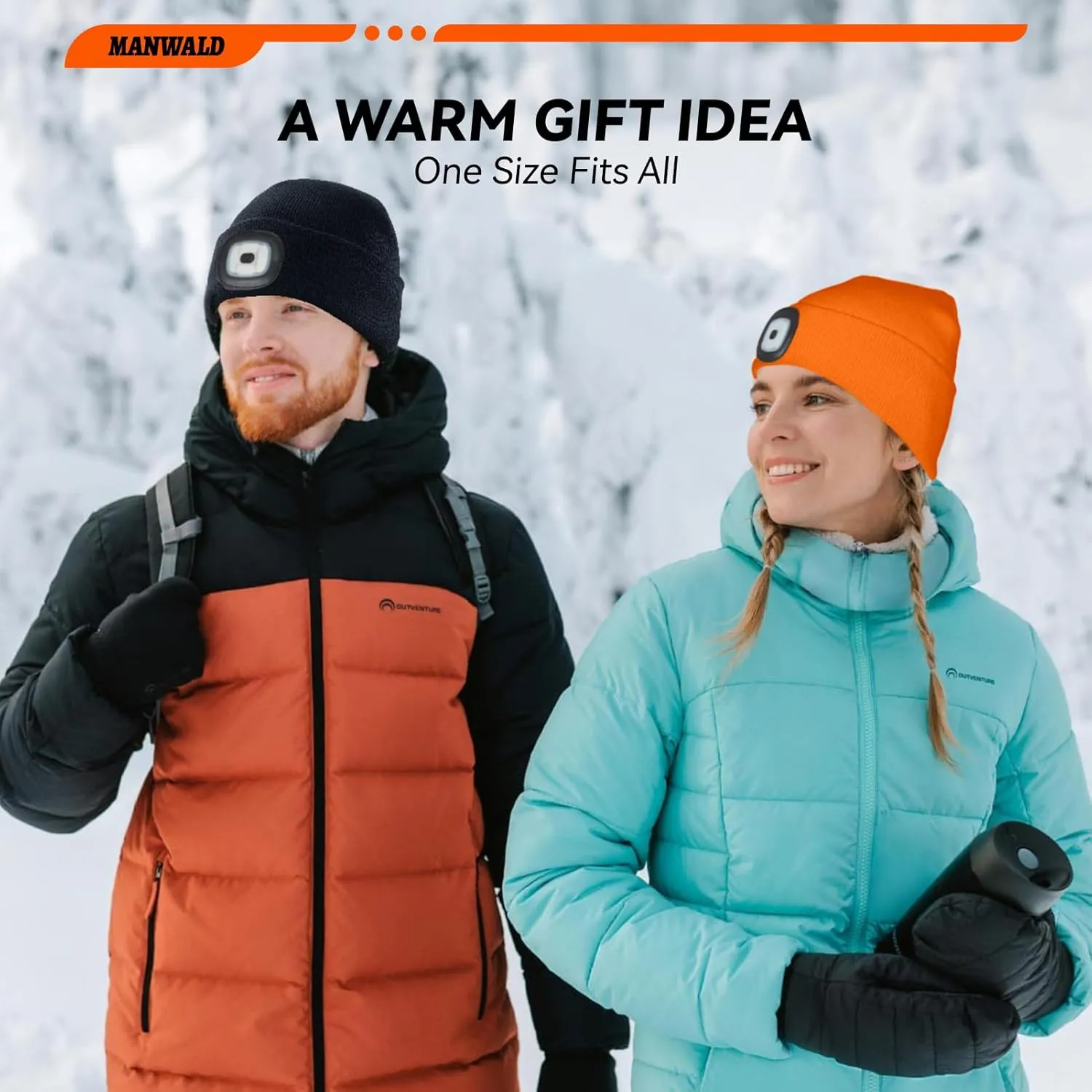Fathers Day Gifts, LED Beanie Hat with Light, USB Rechargeable LED Headlamp, Fathers Day Dad Gifts from Daughter Wife Son, Gifts for Men Him Husband, Boyfriend, Orange,2PCS