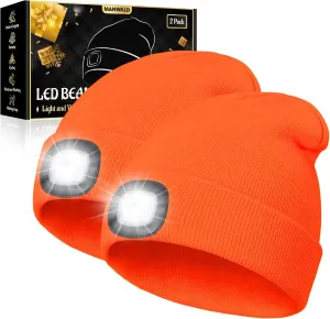 Fathers Day Gifts, LED Beanie Hat with Light, USB Rechargeable LED Headlamp, Fathers Day Dad Gifts from Daughter Wife Son, Gifts for Men Him Husband, Boyfriend, Orange,2PCS