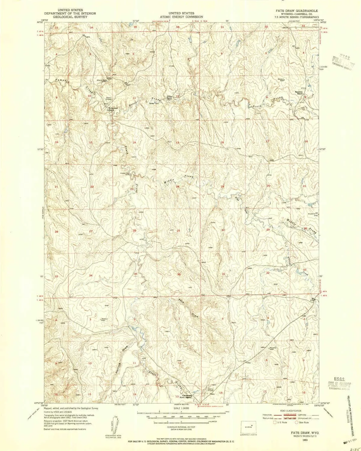Fats Draw WY topo map, 1:24000 Scale, 7.5 X 7.5 Minute, Historical, 1953, Updated 1954, 27 x 21.6 in