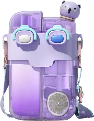 Fdit Kawaii Water Bottles with Straw, Fashion Plastic Double Drinking Water Bottle Adjustable Strap for Sports Fitness Gym Camping (Lavender 780ml)