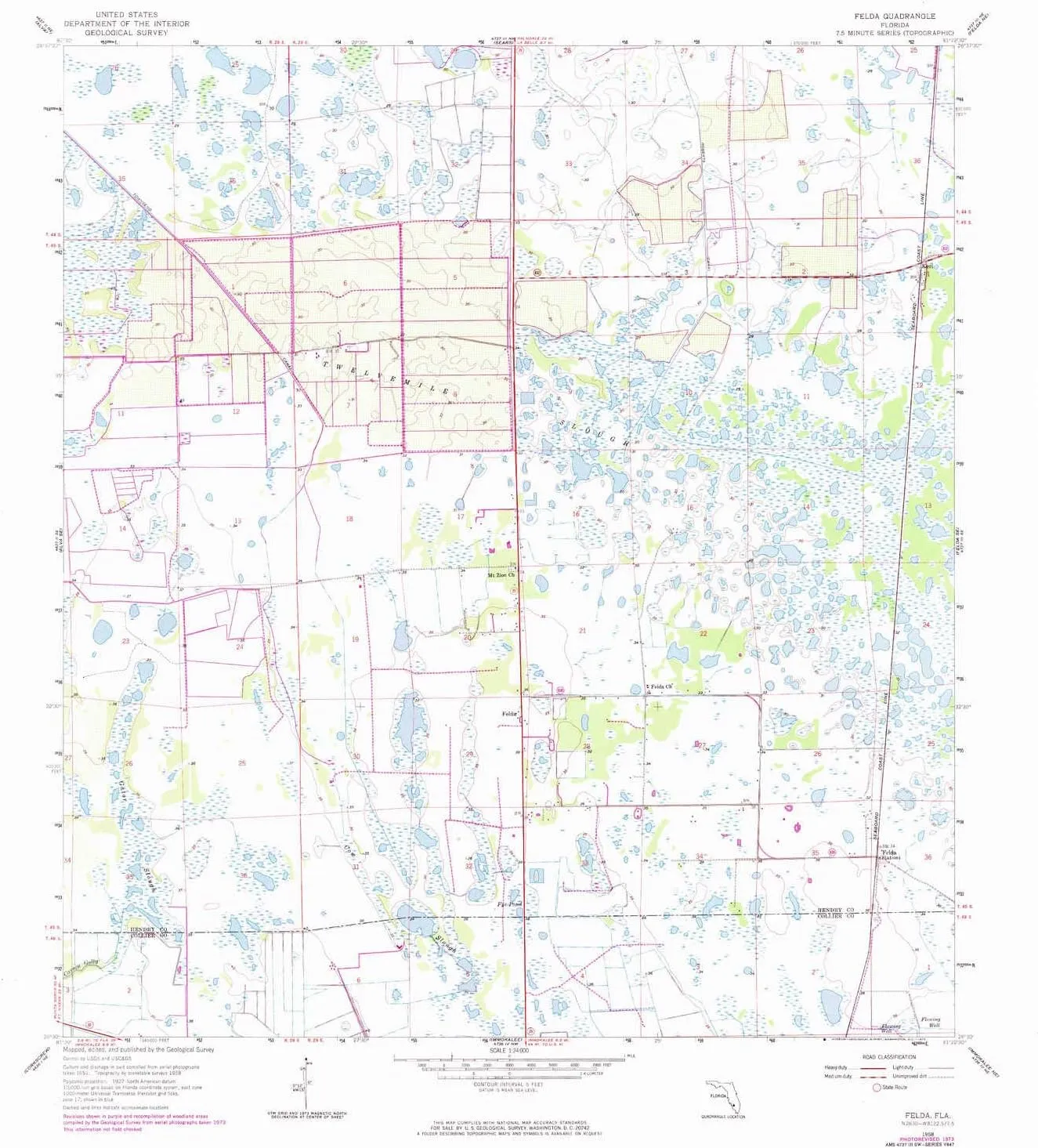 Felda FL topo map, 1:24000 Scale, 7.5 X 7.5 Minute, Historical, 1958, Updated 1973, 26.9 x 24.1 in