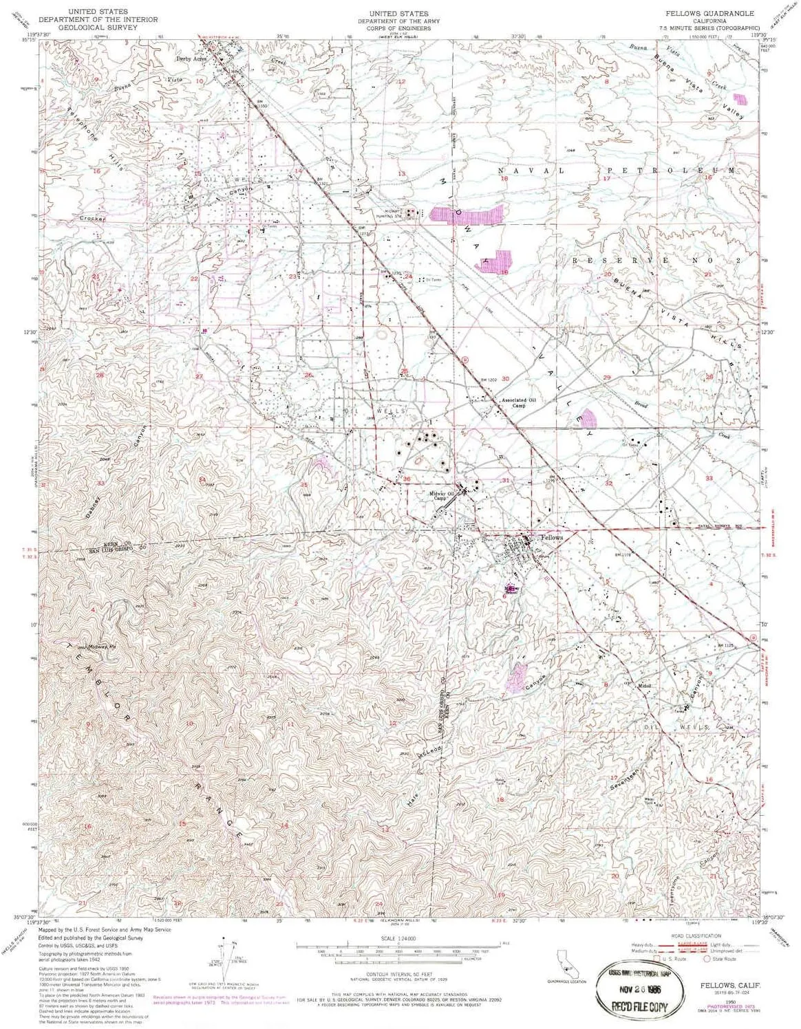 Fellows CA topo map, 1:24000 Scale, 7.5 X 7.5 Minute, Historical, 1950, Updated 1986, 26.7 x 22 in