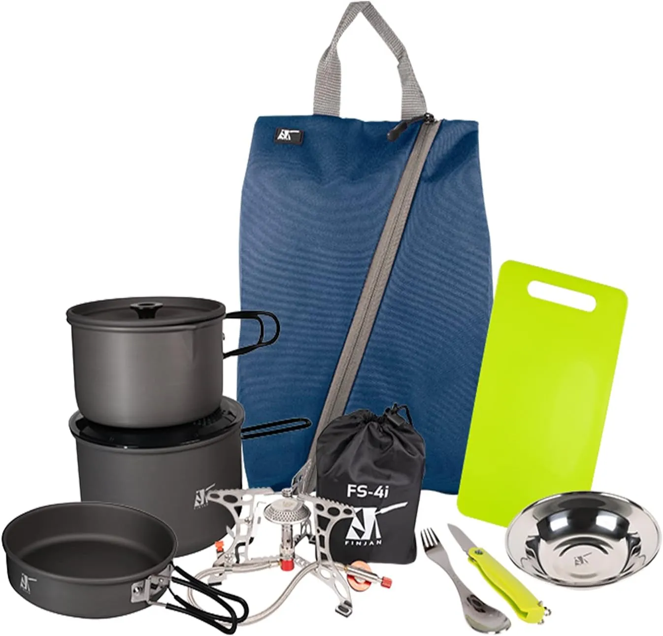 FINJAN Backpack Cooking Kit Camping Cooking Set for 3 in a Convenient Carrying Sack Easy Folding Storage for Camping Backpacking Travel Stove Pots Pan Knife Cutlery Plates Soft Case