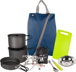 FINJAN Backpack Cooking Kit Camping Cooking Set for 3 in a Convenient Carrying Sack Easy Folding Storage for Camping Backpacking Travel Stove Pots Pan Knife Cutlery Plates Soft Case