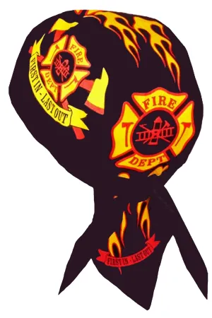Fire Fighter Doo Rag Hat MADE IN AMERICA First In First Out Bandana Head Wrap Black and Red