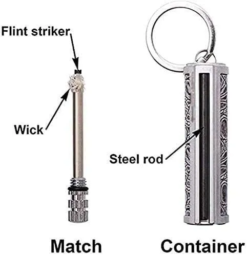 Fire Starter Lighter Waterproof Flint Match Outdoor Camping Permanent Metal Matchstick with Keychain(Sold Without Fluid) (Silver Silver)