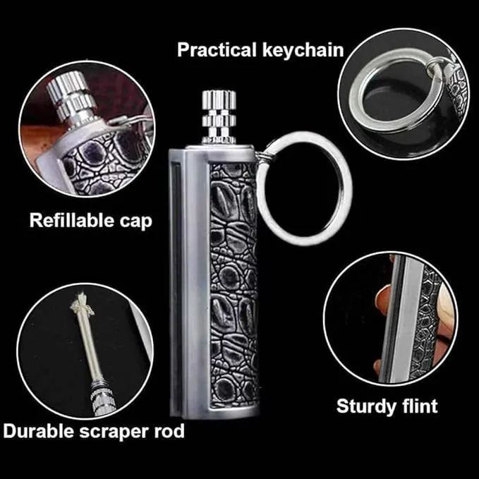 Fire Starter Lighter Waterproof Flint Match Outdoor Camping Permanent Metal Matchstick with Keychain(Sold Without Fluid) (Silver Silver)