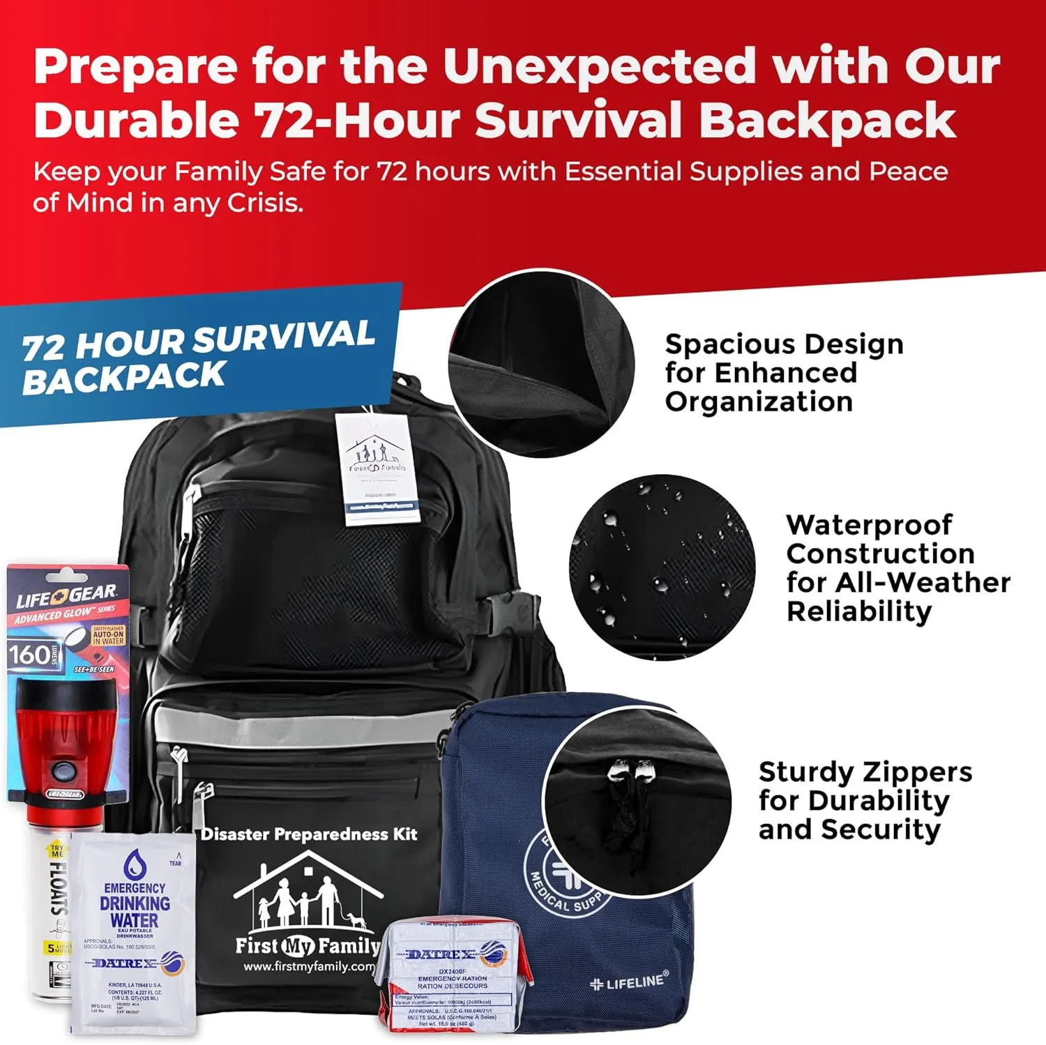 First My Family 4-Person Emergency Survival Kit with LifeStraw Water Filter - Disaster Preparedness Backpack with Hurricane and Earthquake Supplies, 72 Hour Survival Gear