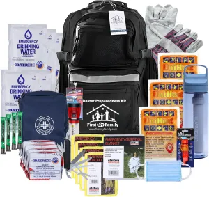 First My Family 4-Person Emergency Survival Kit with LifeStraw Water Filter - Disaster Preparedness Backpack with Hurricane and Earthquake Supplies, 72 Hour Survival Gear