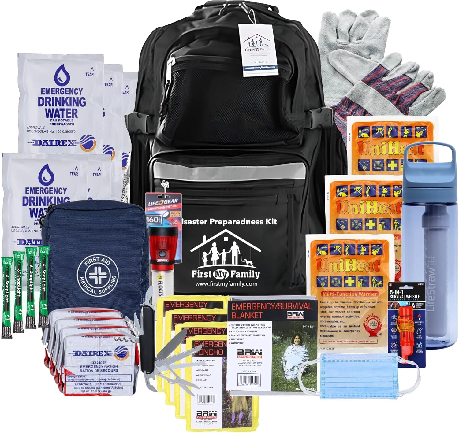 First My Family 4-Person Emergency Survival Kit with LifeStraw Water Filter - Disaster Preparedness Backpack with Hurricane and Earthquake Supplies, 72 Hour Survival Gear