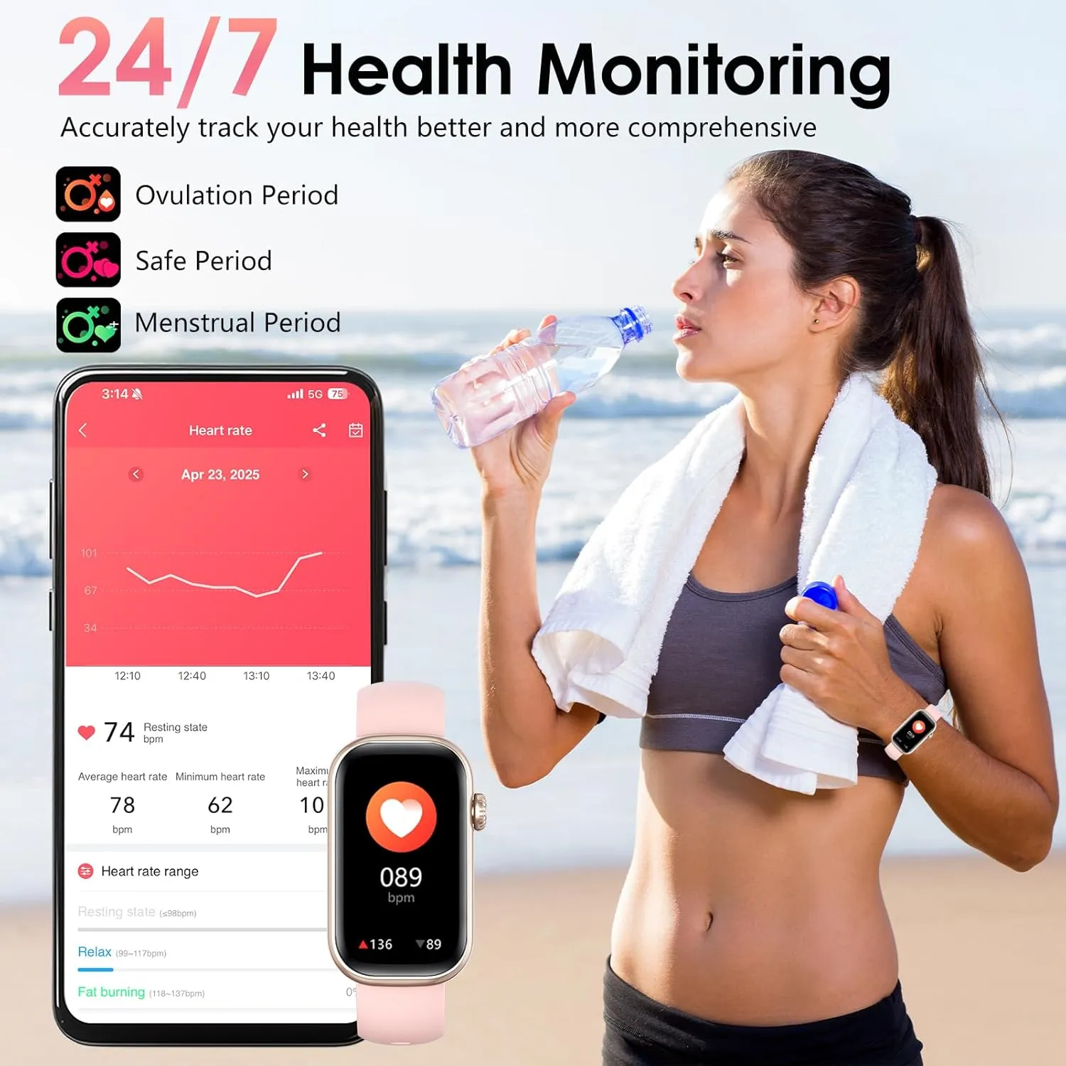 Fitness Tracker, Smart Watch with 24/7 Dynamic Heart Rate Blood Oxygen Monitoring Sleep Tracker 100  Sports Modes Pedometer IP68 Waterproof Step Calorie Counter for Android and iOS Women Men (Pink)