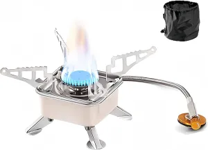 foldable camping stove Piezo Ignition fierce fire, fire regulator valve with gas hose, Backpacking Stove with bag for outdoor, camping, hiking and picnic