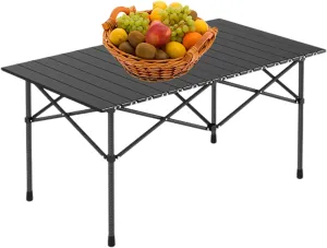 Folding Camping Table, Portable Picnic Table with Carry Bag, Lightweight Aluminum Roll-Up Design for Camping, Backpacking, Beach, BBQ, and Outdoor Parties Black 95×55×50cm/37×21×19.7in