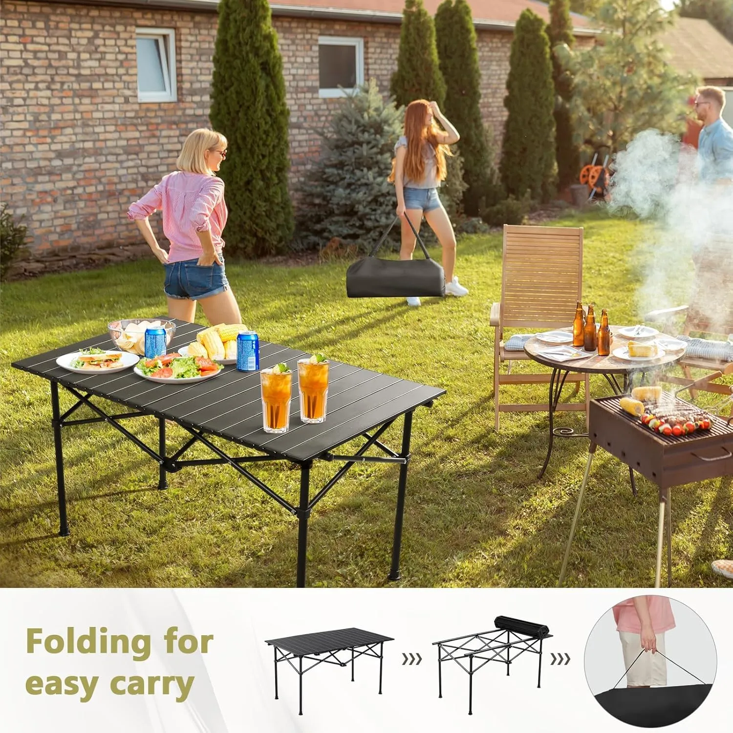Folding Camping Table, Portable Picnic Table with Carry Bag, Lightweight Aluminum Roll-Up Design for Camping, Backpacking, Beach, BBQ, and Outdoor Parties Wood Color 95×55×50cm/37×21×19.7in